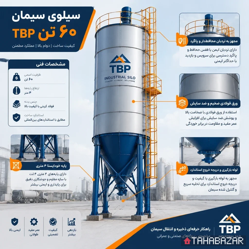اینفوگرافیک سیلوی ذخیره سیمان 60 تنی TBP با پایه 4 متری خود ایستا